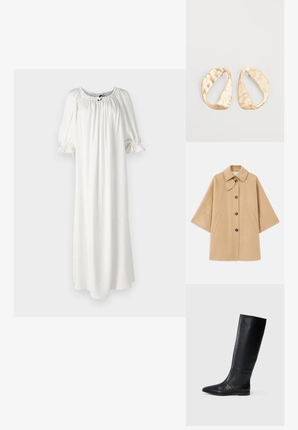 Beige kabát z vlněné směsi s klasickým límcem, zapínáním na knoflíky vpředu a bočními kapsami; má raglánové rukávy a čistý, strukturovaný design.; Bílé, vzdušné šaty vyrobené z měkké látky s řaseným výstřihem a nafouknutými rukávy, které mají jemný uzlík vpředu.; Černé kožené vysoké boty do půli lýtek s špičatou špičkou a minimalistickým designem. Hladký povrch a plochá podrážka, s nenápadnými švy po stranách.; Pár nepravidelných oválných náušnic z kovu pozlaceného zlatem s texturovaným, mírně kladivkovým povrchem na bílém pozadí.