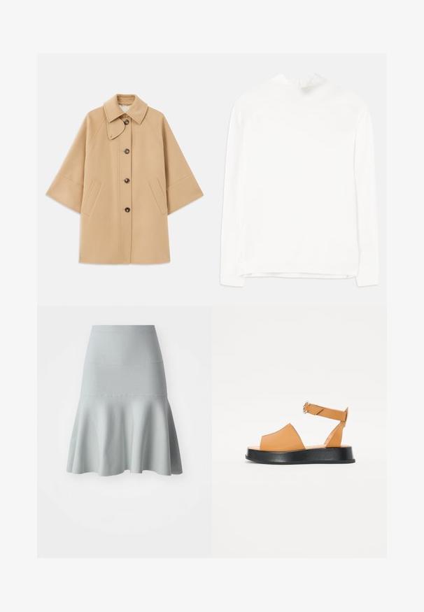 Beež villasegu jakk klassikalise kraega, ees nuppude sulgemise ja küljetaskutega; omab raglan-varrukaid ja puhtalt, struktureeritud disaini.; Valge pikkade varrukatega topp, millel on kõrge kaelus, ribakonstruktsioon ja sirge lõige. Kangas näeb välja pehme ja sile, ilma nähtavate mustriteta.; Hele sinine laienev seelik, mis on valmistatud tekstuuriga kangast. Omab tihedat vööosa ja pehmet, lainelist serva. Lihtne disain, ilma mustriteta.; Kohvatanne nahast sandaalid laia esiosa, avatud varvastega, reguleeritava rihmaga ja paksu musta platvormitaldiga. Sile tekstuur ja minimalistik disain.