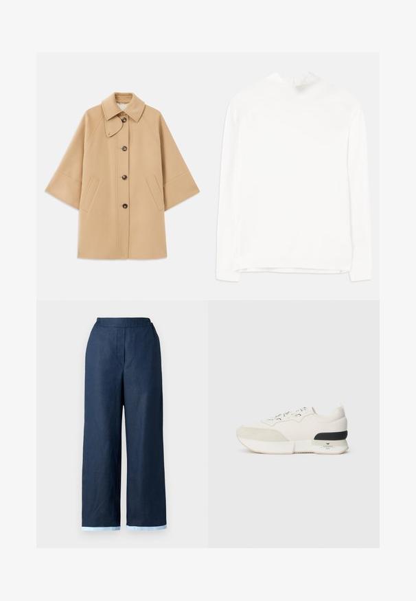 Beige gyapjú mix kabát klasszikus gallérral, elülső gombos záródással és oldalsó zsebekkel; raglán ujjaival és letisztult, strukturált dizájnjával rendelkezik.; Fehér, hosszú ujjú felső, magas nyakkivágással, bordázott textúrával és egyenes szabással. Az anyag lágy és sima, látható minták nélkül.; Tengerészhaditengerészeti széles szárú nadrág, amely lenből készült, rugalmas derékkal és kontrasztos világoskék díszítéssel az alján. Sima textúra.; Fehér sneaker, amelynek texturált velúr orrkáva van, sima hálós felsőrésze, díszcsipkéje, valamint fekete gumi sarok kiemelése.