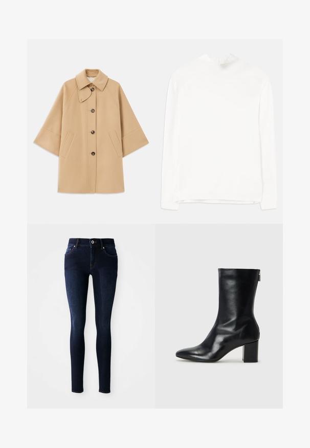 Beež villasegu jakk klassikalise kraega, ees nuppude sulgemise ja küljetaskutega; omab raglan-varrukaid ja puhtalt, struktureeritud disaini.; Valge pikkade varrukatega topp, millel on kõrge kaelus, ribakonstruktsioon ja sirge lõige. Kangas näeb välja pehme ja sile, ilma nähtavate mustriteta.; Tumedat sinised skinny teksad, mis on valmistatud denimist, kõrge talje, viie taskuga disain ja õmblusaktsendid taskutel ning vööosa.; Must musta ankle boot teravaid varvastega ja 4 cm plokknõela. Suurepärase disainiga, millel on külgrihm lihtsaks läbi panemiseks. Sile tekstuur.