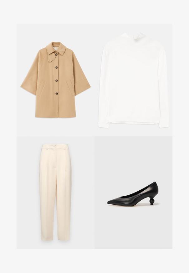 Beige wool blend coat with a classic collar, front button closure, and side pockets; features raglan sleeves and a clean, structured design.; White long-sleeve top featuring a high neckline, ribbed texture, and a straight fit. The fabric appears soft and smooth with no visible patterns.; Beige tailored trousers with a straight fit, featuring pleats at the front, a smooth texture, and a mid-rise waist. No visible pockets.; Black leather high heel shoe with a pointed toe and a round, balled heel. Smooth texture with a sleek, minimal design.