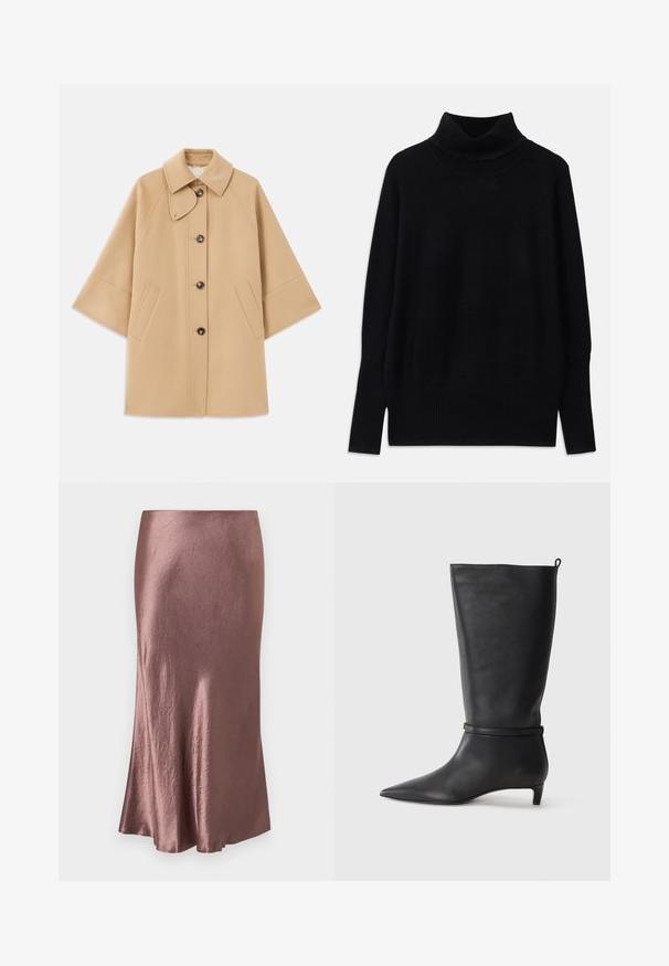 Palton din lână bej, cu un guler clasic, închidere frontală cu nasturi și buzunare laterale; are mâneci raglan și un design curat, structurat.; Pulover negru cu guler înalt, realizat dintr-un material moale, având accente cu nervuri la guler și la mansete, cu o croială relaxată și slituri laterale.; Fustă midi din satin de culoare mov, cu o textură fină, tiv ușor evazat, cu un design simplu și fără închideri vizibile sau embellishments.; Botă din piele neagră, până la genunchi, cu vârf ascuțit, accentuată de o curea circulară în jurul gleznei și un toc jos, îngustat. Textură netedă.