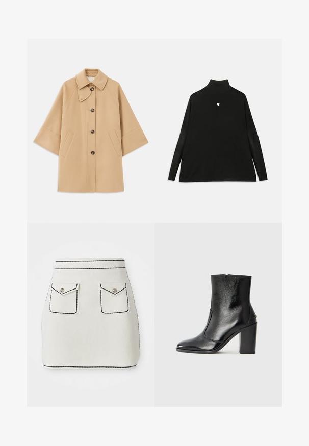 Manteau en mélange de laine beige avec un col classique, fermeture à boutons à l'avant et poches latérales ; présente des manches raglan et un design épuré et structuré.; Pull noir à col roulé avec manches longues, arborant un petit embleme en forme de cœur blanc sur la poitrine. Tissu doux et coupe décontractée.; Mini-jupe en tissu blanc avec des coutures noires, dotée de deux poches avant avec des rabats et des accents de boutons en argent. Texture lisse avec une forme structurée.; Bottine en cuir noir, avec une texture lisse, un bout pointu et un talon chunky haut. Présente une ouverture sur le côté et un design minimaliste.