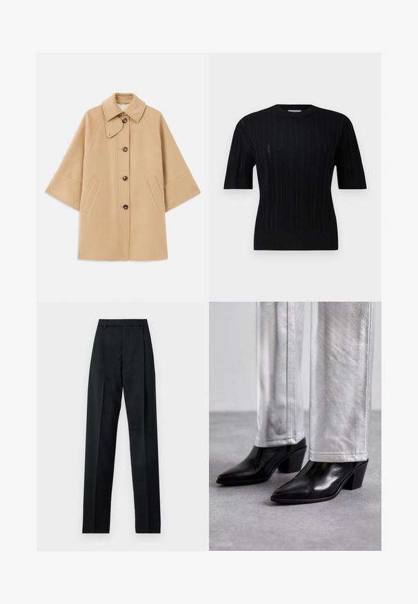 Bežs vilnas maisījuma mētelis ar klasisku apkakli, priekšējo pogu aizdares un sānu kabatām; satur raglanu piedurknes un tīru, strukturētu dizainu.; Filippa K BRAID - Džemperis - black; Melnas bikses, izgatavotas no gludas auduma, ar augstu vidukli, platiem bikšu galdniekiem, priekšējiem krokām un klasiskām jostu cilpām. Sānu kabatas nav redzamas.; Melni ādas potīšu zābaki ar norādītu pirkstu un kvadrātveida papēdi, apvienoti ar spīdīgām sudraba biksēm, izceļot elegantas faktūras un kontrastējošas krāsas.