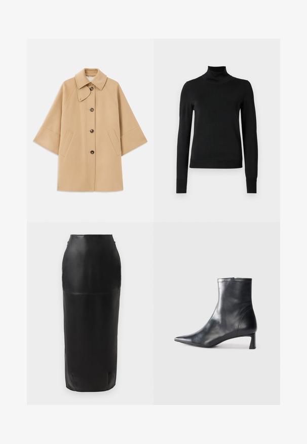 Šviesiai rudas vilnos mišinys paltas su klasikiniu apykakle, priekyje mygtukais užsegamas, ir šoninėmis kišenėmis; turi raglan tipo rankoves ir švarų, struktūrizuotą dizainą.; Juoda ilgomis rankovėmis turtleneko tipo megztinis su rebruotomis rankovėmis ir apačia, eksponuojamas ant paprasto balto fono.; Juoda odinė midi sijonas su prisitaikančia siluetu, lygiu tekstūru, aukštu liemeniu ir diskretišku užtrauktuku šoninėje dalyje. Be raštų ar akcentų.; Juodas odinis kulkšninis batas su smailiu pirštu ir elegantišku dizainu. Turi žemą kulną ir užtrauktuką gale. Lygi tekstūra.