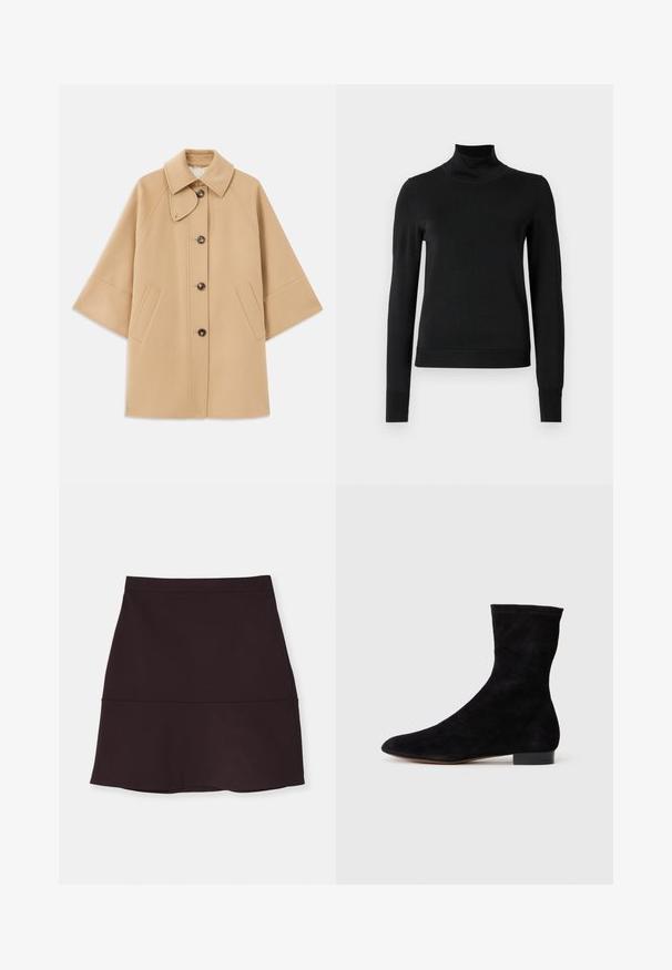 Šviesiai rudas vilnos mišinys paltas su klasikiniu apykakle, priekyje mygtukais užsegamas, ir šoninėmis kišenėmis; turi raglan tipo rankoves ir švarų, struktūrizuotą dizainą.; Juoda ilgomis rankovėmis turtleneko tipo megztinis su rebruotomis rankovėmis ir apačia, eksponuojamas ant paprasto balto fono.; Tamsiai violetinė, iki kelių siekianti sijonas su lygiu paviršiumi, turintis prigludusią taliją ir išsiplėtusį kraštą. Siūlių detalė per vidurinę dalį.; Juoda zomšo kulkšnė su prigludusia ašimi, smailiu pirštu ir žemu bloku. Lygus paviršius ir minimalistiškas dizainas, tinkantis įvairiems stiliams.