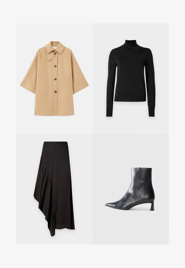 Palton din lână bej, cu un guler clasic, închidere frontală cu nasturi și buzunare laterale; are mâneci raglan și un design curat, structurat.; Pulover negru cu mânecă lungă și guler tip colier, cu manșete și tiv cu elastic, expus pe un fundal alb simplu.; AERON ASTER SKIRT - Fustă tip creion - black; Cizmă de gleznă din piele neagră cu vârf ascuțit și un design elegant. Dispune de un toc mic și de o închidere cu fermoar la spate. Textură netedă.