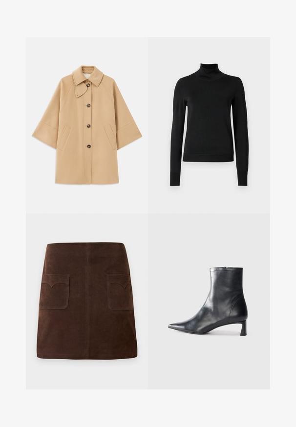Palton din lână bej, cu un guler clasic, închidere frontală cu nasturi și buzunare laterale; are mâneci raglan și un design curat, structurat.; Pulover negru cu mânecă lungă și guler tip colier, cu manșete și tiv cu elastic, expus pe un fundal alb simplu.; Fustă din suede maro cu o formă clasică în A, două buzunare frontale cu clape rotunjite și detalii subtile de cusătură.; Cizmă de gleznă din piele neagră cu vârf ascuțit și un design elegant. Dispune de un toc mic și de o închidere cu fermoar la spate. Textură netedă.