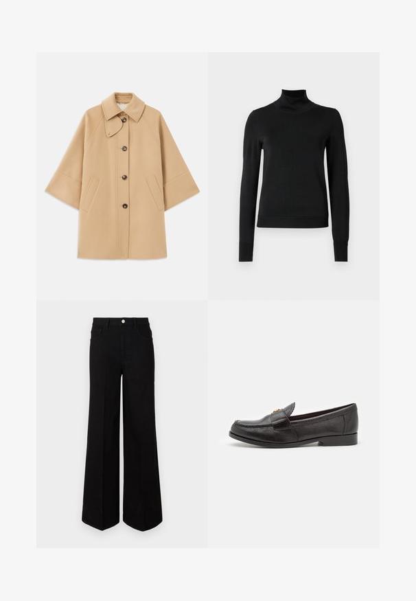 Palton din lână bej, cu un guler clasic, închidere frontală cu nasturi și buzunare laterale; are mâneci raglan și un design curat, structurat.; Pulover negru cu mânecă lungă și guler tip colier, cu manșete și tiv cu elastic, expus pe un fundal alb simplu.; Jeanși negri cu picior larg, fabricați dintr-un material rezistent, având talie înaltă, buzunare frontale și închidere cu nasture în față. Tăietură dreaptă la bază.; Pantofii din piele neagră, cu o suprafață texturată, bot rotund și detalii decorative cusute. Au un toc plat și un design slip-on.