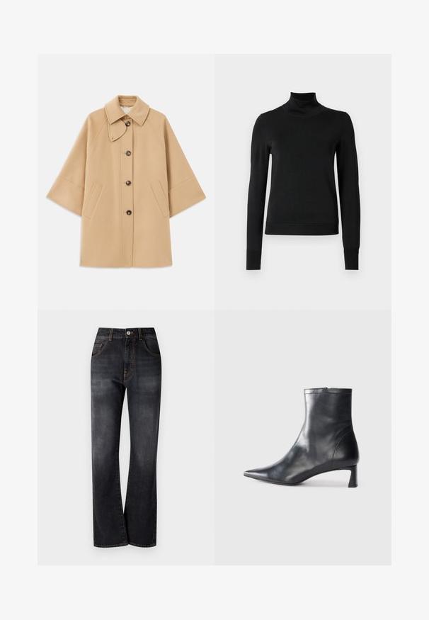 Bežový kabát z vlnenej zmesi s klasickým golierom, predným zapínaním na gombíky a bočnými vreckami; má raglánové rukávy a čistý, štruktúrovaný dizajn.; Čierny dlhý rukáv rolák s rebrovanými manžetami a lemom, zobrazený na čistej bielej pozadí.; Čierne denimové džínsy so striha s rovnými nohavicami, ozdobené oranžovým prešívaním, s piatimi vreckami a klasickým gombíkom na zapínanie v páse.; Čierne kožené členkové topánky s špicatou špičkou a elegantným dizajnom. Majú nízky podpätok a zips na zadnej strane. Hladká textúra.