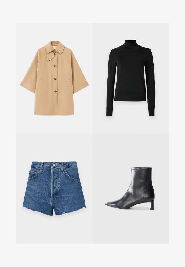 Beige wool blend coat with a classic collar, front button closure, and side pockets; features raglan sleeves and a clean, structured design.; Black long-sleeve turtleneck sweater with ribbed cuffs and hem, displayed on a plain white background.; Denim shorts in medium blue with a frayed hem, featuring front pockets and a button closure. Heavyweight texture with slight fading.; Black leather ankle boot with a pointed toe and a sleek design. Features a low heel and a zipper closure at the back. Smooth texture.
