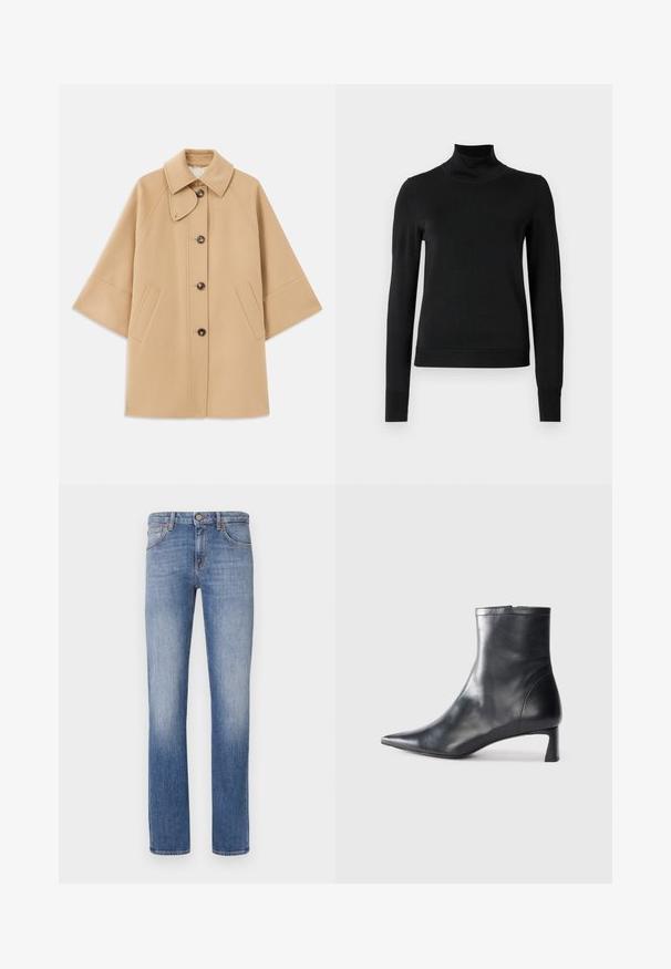 Šviesiai rudas vilnos mišinys paltas su klasikiniu apykakle, priekyje mygtukais užsegamas, ir šoninėmis kišenėmis; turi raglan tipo rankoves ir švarų, struktūrizuotą dizainą.; Juoda ilgomis rankovėmis turtleneko tipo megztinis su rebruotomis rankovėmis ir apačia, eksponuojamas ant paprasto balto fono.; Šviesiai mėlyni džinsai su tiesia kirpimo forma, klasikinis penkių kišenių dizainas, subtilūs blukimo detalės ir oranžinės siūlės akcentai.; Juodas odinis kulkšninis batas su smailiu pirštu ir elegantišku dizainu. Turi žemą kulną ir užtrauktuką gale. Lygi tekstūra.