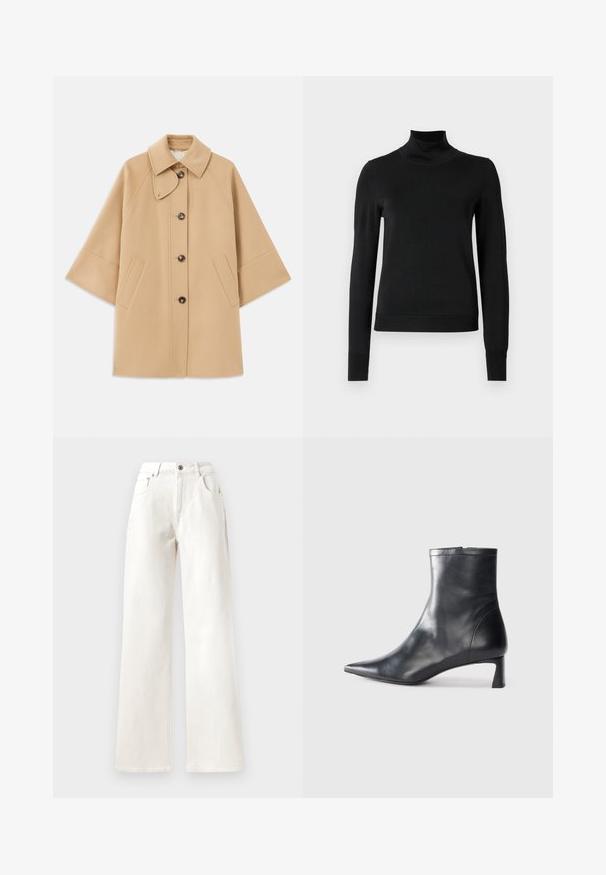 Šviesiai rudas vilnos mišinys paltas su klasikiniu apykakle, priekyje mygtukais užsegamas, ir šoninėmis kišenėmis; turi raglan tipo rankoves ir švarų, struktūrizuotą dizainą.; Juoda ilgomis rankovėmis turtleneko tipo megztinis su rebruotomis rankovėmis ir apačia, eksponuojamas ant paprasto balto fono.; Balti plačios kojinės kelnės iš džinsinio audinio, turinčios mygtuko uždarymą, dirželių kilpas ir penkių kišenių dizainą. Lygus paviršius su matomu siuvimu.; Juodas odinis kulkšninis batas su smailiu pirštu ir elegantišku dizainu. Turi žemą kulną ir užtrauktuką gale. Lygi tekstūra.
