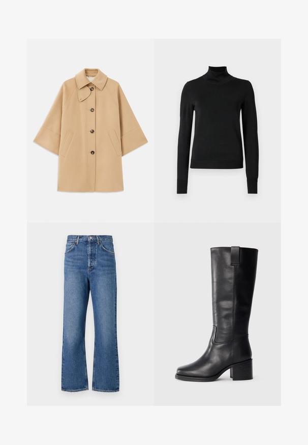 Beež villasegu jakk klassikalise kraega, ees nuppude sulgemise ja küljetaskutega; omab raglan-varrukaid ja puhtalt, struktureeritud disaini.; Mustmusterta mustaga pikkade varrukatega kõrge kaelusega sviiter, millel on ribakudumisega mansetid ja äär, esitatud lihtsal valgel taustal.; Kõrge vöökohaga sinised denim püksid sirge säärega disainiga, viie tasku ja peene tuhmumisega. Klassikaline nööbiklõps ja õmblusaktsendid.; Musthave mustad nahktoodete bikiinibootid, millel on sile pind, ruudukujuline varvas, plokk-kand ja külgmine tõmbeaas, minimaalse õmblusega detailid.