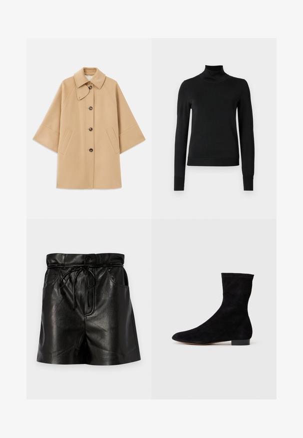 Bežs vilnas maisījuma mētelis ar klasisku apkakli, priekšējo pogu aizdares un sānu kabatām; satur raglanu piedurknes un tīru, strukturētu dizainu.; Melnas garām piedurknēm turtlenecks džemperis ar ribotām aprocēm un apakšmali, attēlots uz vienkārša balta fona.; Melni ādas šorti ar augstu jostasvietu, aukliņas saišu un sānu kabatām. Spīdīga virsma ar redzamiem šuvju detaļām.; Melnas zamšādas potīšu zābaki ar piegulošu kāju daļu, smailu purngalu un zemu bloku papēdi. Gluda tekstūra un minimālistisks dizains, piemērots dažādai stilizācijai.