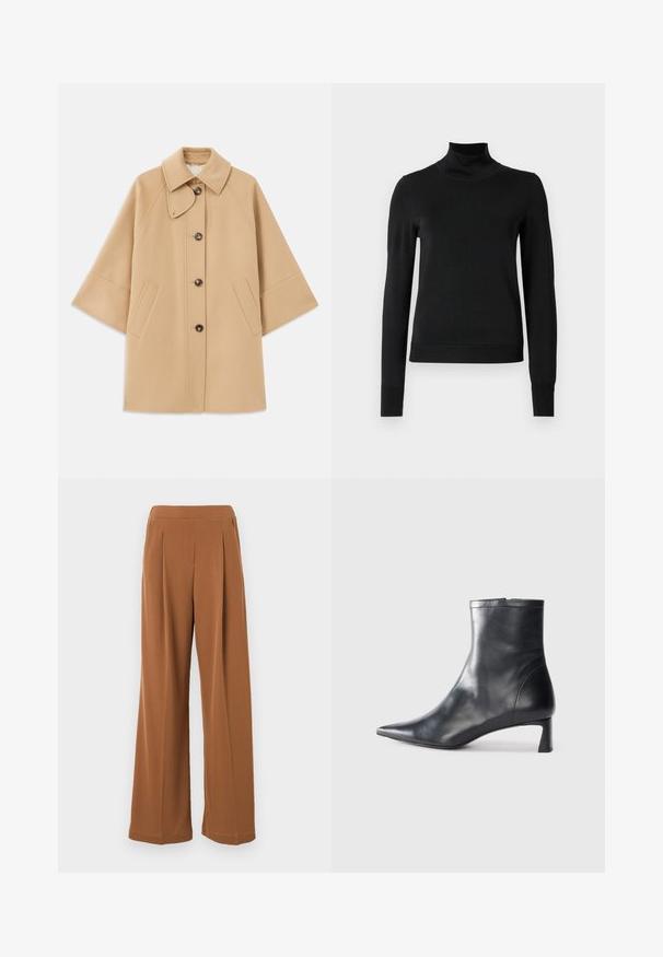 Cappotto in misto lana beige con colletto classico, chiusura frontale con bottoni e tasche laterali; presenta maniche a raglan e un design pulito e strutturato.; Pullover nero a maniche lunghe con collo alto, rifinito con polsini e orlo a coste, mostrato su uno sfondo bianco semplice.; Max Mara Leisure EUCLIDE - Pantaloni - cuoio; Stivaletto in pelle nera con punta affusolata e design elegante. Presenta un tacco basso e una chiusura con zip sul retro. Texture liscia.