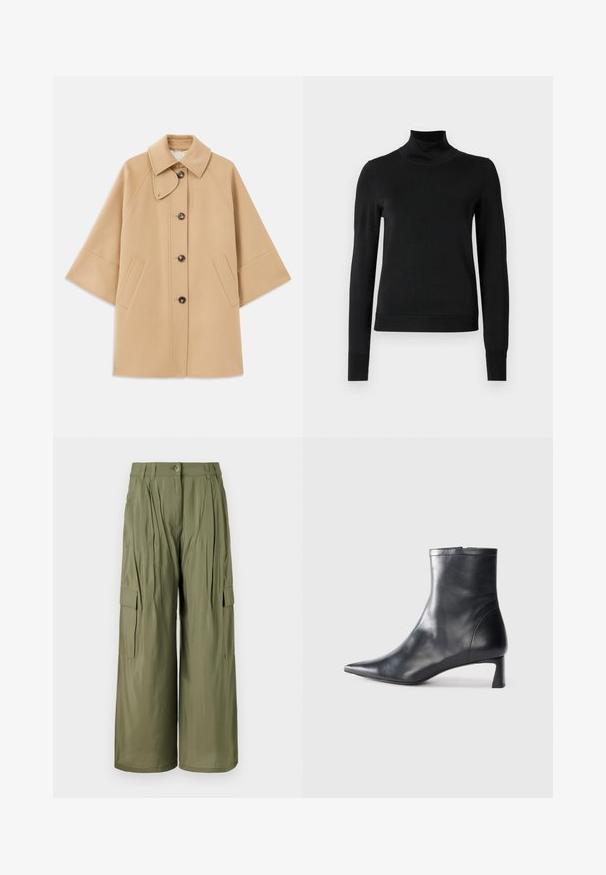 Beige villasekoituksesta valmistettu takki, jossa on klassinen kaulus, etupainikekiinnitys ja sivutaskut; sisältää raglan-hihat ja siistin, jämäkän muotoilun.; Musta pitkähihaisen pooloneuleen, jossa on ribbikuvioiset hihansuut ja helma, esitetty yksinkertaisella valkoisella taustalla.; Oliivinvihreät leveälahkeiset cargo-housut, joissa on etupleaatit, sivutaskut ja nappikiinnitys. Sileä pinta, kevyt kangas.; Musta nahkainen nilkkabotti, jossa on teräväkärkinen muotoilu ja tyylikäs design. Varusteena matala korko ja takana vetoketjukiinnitys. Sileä pinta.