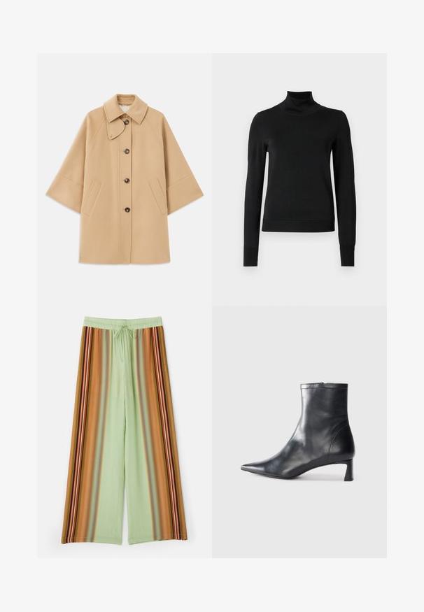 Beige gyapjú mix kabát klasszikus gallérral, elülső gombos záródással és oldalsó zsebekkel; raglán ujjaival és letisztult, strukturált dizájnjával rendelkezik.; Fekete, hosszú ujjú garbós pulóver bordás mandzsettákkal és aljjal, sima fehér háttér előtt bemutatva.; Világoszöld anyagú, széles szárú nadrág, amelyet barna, narancssárga és sokszínű csíkok díszítenek. Elasztikus derékrész húzózsinórral.; Fekete bőr bokacsizma hegyes orral és letisztult dizájnnal. Alacsony sarka és hátsó cipzáras záródása van. Simának tűnő textúra.