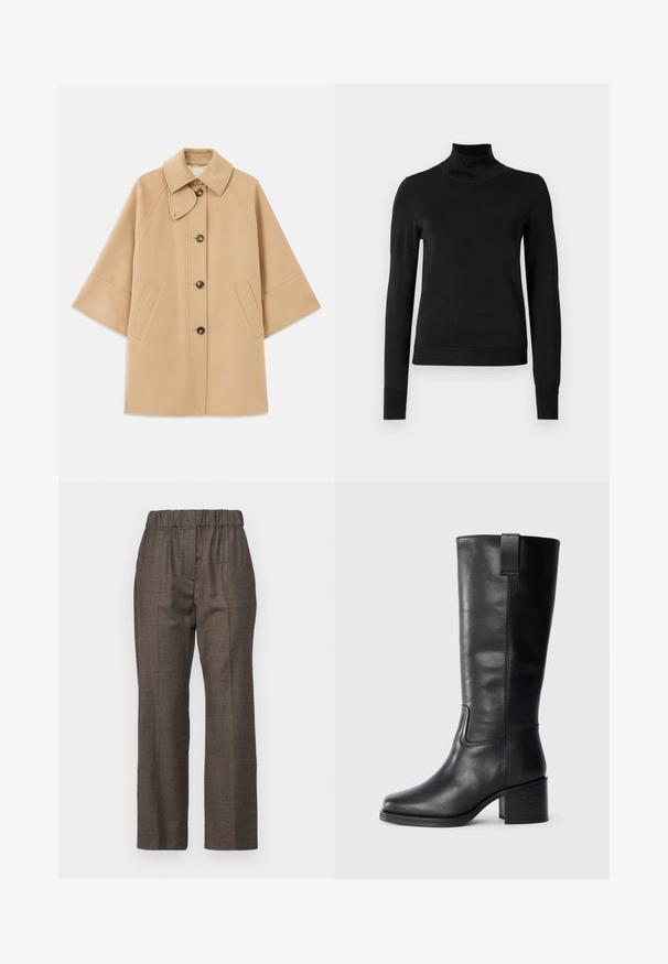 Beige Wollmischungsjacke mit klassischem Kragen, durchgehender Knopfleiste und Seitentaschen; verfügt über Raglanärmel und ein sauberes, strukturiertes Design.; Schwarzer Langarmrollkragenpullover mit gerippten Bündchen und Saum, auf einem schlichten weißen Hintergrund präsentiert.; WEEKEND MaxMara HATELEY - Stoffhose - marrone scuro; Schwarze Lederstiefel bis zum Knie mit glatter Oberfläche, quadratischer Spitze, Blockabsatz und seitlichem Zugband, mit minimalistischen Nähdetails.