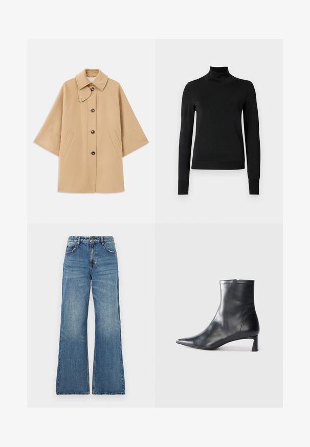 Šviesiai rudas vilnos mišinys paltas su klasikiniu apykakle, priekyje mygtukais užsegamas, ir šoninėmis kišenėmis; turi raglan tipo rankoves ir švarų, struktūrizuotą dizainą.; Juoda ilgomis rankovėmis turtleneko tipo megztinis su rebruotomis rankovėmis ir apačia, eksponuojamas ant paprasto balto fono.; Šviesiai mėlyni džinsai su aukštu liemeniu, plačiomis išsiplėtusiomis kojomis ir klasikinio penkių kišenių dizainu. Išblukusi tekstūra su matomais siūlių detalėmis.; Juodas odinis kulkšninis batas su smailiu pirštu ir elegantišku dizainu. Turi žemą kulną ir užtrauktuką gale. Lygi tekstūra.