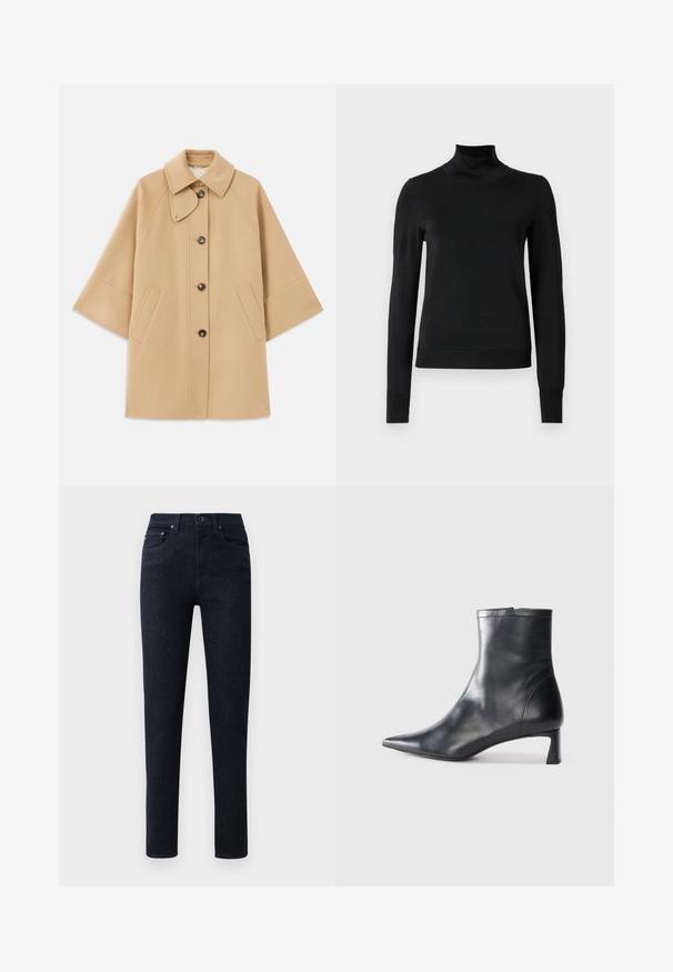 Beige gyapjú mix kabát klasszikus gallérral, elülső gombos záródással és oldalsó zsebekkel; raglán ujjaival és letisztult, strukturált dizájnjával rendelkezik.; Fekete, hosszú ujjú garbós pulóver bordás mandzsettákkal és aljjal, sima fehér háttér előtt bemutatva.; Sötétkék farmernadrág egyenes szárú szabással, gombos záródással, öt zsebbel és diszkrét varrási részletekkel.; Fekete bőr bokacsizma hegyes orral és letisztult dizájnnal. Alacsony sarka és hátsó cipzáras záródása van. Simának tűnő textúra.