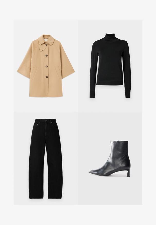 Beige wool blend coat with a classic collar, front button closure, and side pockets; features raglan sleeves and a clean, structured design.; Black long-sleeve turtleneck sweater with ribbed cuffs and hem, displayed on a plain white background.; Black denim wide-leg jeans with a high waist, featuring a front button closure, pockets, and a smooth, matte texture.; Black leather ankle boot with a pointed toe and a sleek design. Features a low heel and a zipper closure at the back. Smooth texture.