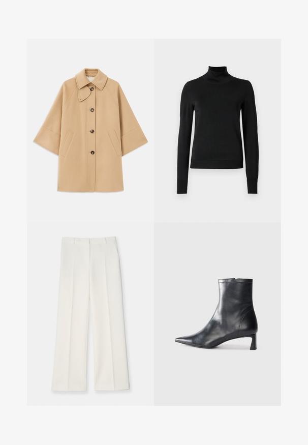 Beżowy płaszcz z wełny z klasycznym kołnierzem, z przodu zapinany na guziki, z kieszeniami po bokach; posiada rękawy raglanowe oraz prosty, uporządkowany fason.; Czarny sweter z długim rękawem i stojącym kołnierzem, z prążkowanymi mankietami i dołem, zaprezentowany na białym tle.; Spodnie o szerokich nogawkach w jasnym kremowym kolorze, o gładkiej fakturze, z fałdami z przodu oraz dwiema kieszeniami po bokach. Zaprojektowany fason z dopasowanym paskiem.; Czarne skórzane botki sięgające kostki z ostrym noskiem i eleganckim designem. Posiadają niski obcas oraz zamek błyskawiczny z tyłu. Gładka faktura.