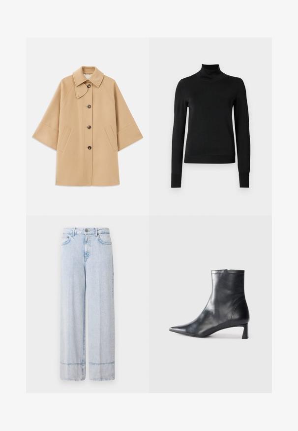Šviesiai rudas vilnos mišinys paltas su klasikiniu apykakle, priekyje mygtukais užsegamas, ir šoninėmis kišenėmis; turi raglan tipo rankoves ir švarų, struktūrizuotą dizainą.; Juoda ilgomis rankovėmis turtleneko tipo megztinis su rebruotomis rankovėmis ir apačia, eksponuojamas ant paprasto balto fono.; Šviesiai mėlynos džinsinės plačios kelnės su aukštu liemeniu. Yra mygtuko ir užtrauktuko uždarymas, priekinės kišenės ir žaliavos apdaila.; Juodas odinis kulkšninis batas su smailiu pirštu ir elegantišku dizainu. Turi žemą kulną ir užtrauktuką gale. Lygi tekstūra.