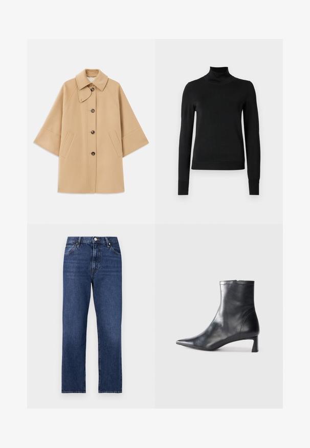 Beżowy płaszcz z wełny z klasycznym kołnierzem, z przodu zapinany na guziki, z kieszeniami po bokach; posiada rękawy raglanowe oraz prosty, uporządkowany fason.; Czarny sweter z długim rękawem i stojącym kołnierzem, z prążkowanymi mankietami i dołem, zaprezentowany na białym tle.; Jeans dżinsowe w ciemnoniebieskim odcieniu. Prosta nogawka z pięcioma kieszeniami, z przodem zapinanym na guzik oraz kontrastowymi detalami szycia.; Czarne skórzane botki sięgające kostki z ostrym noskiem i eleganckim designem. Posiadają niski obcas oraz zamek błyskawiczny z tyłu. Gładka faktura.