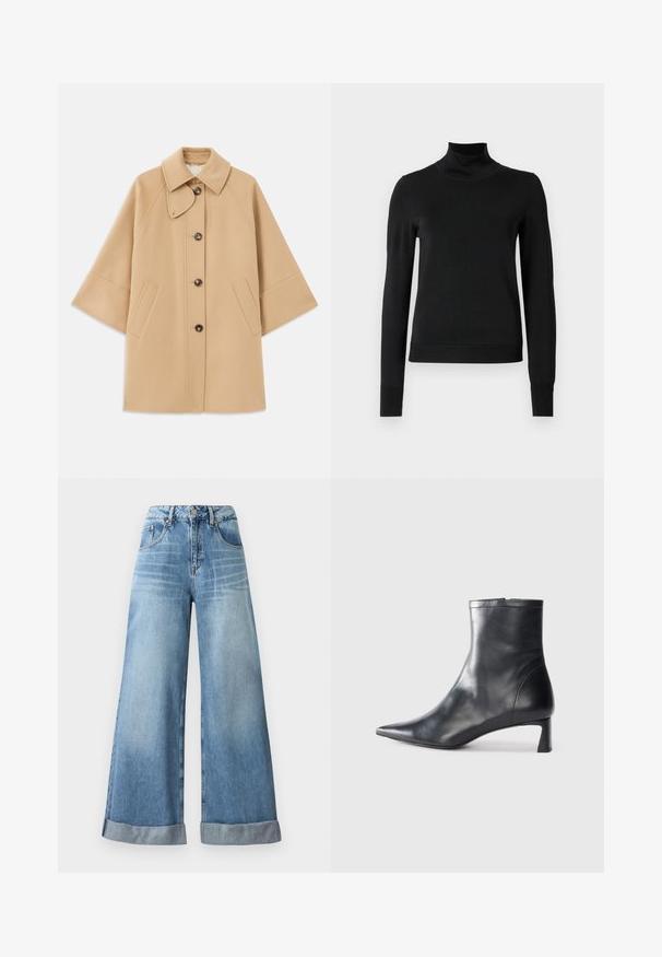 Bežna volnena jopica s klasičnim ovratnikom, sprednjim gumbom za zapiranje in stranskimi žepi; ima raglan rokave in čist, strukturiran dizajn.; Črni pulover s dolgimi rokavi in vratnikom, z rebrastimi манжетами in robom, prikazan na enobarvni beli podlagi.; Svijetloplave široke traperice visokog struka, s gumbom za zatvaranje, pet džepova i preklopljenim manžetama na rubu.; Črne usnjene gležnjarje s šiljastim nosom in elegantnim dizajnom. Imajo nizko peto in zadrgo na zadnji strani. Gladka tekstura.