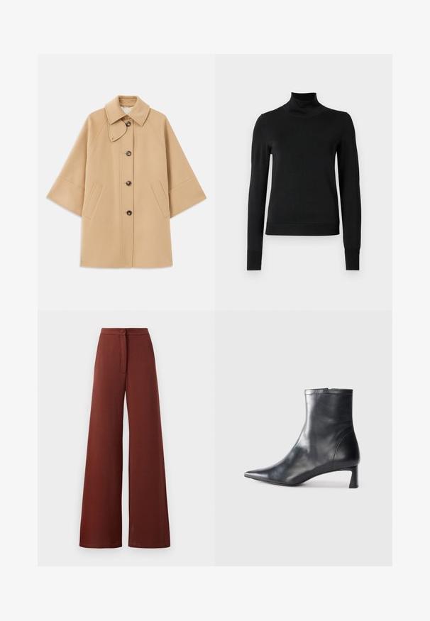 Šviesiai rudas vilnos mišinys paltas su klasikiniu apykakle, priekyje mygtukais užsegamas, ir šoninėmis kišenėmis; turi raglan tipo rankoves ir švarų, struktūrizuotą dizainą.; Juoda ilgomis rankovėmis turtleneko tipo megztinis su rebruotomis rankovėmis ir apačia, eksponuojamas ant paprasto balto fono.; Plati kelnės tamsiai raudonos spalvos audinyje, su mygtuko uždarymu ir priekyje surišamu akcentu. Lygi tekstūra su laisvu siluetu.; Juodas odinis kulkšninis batas su smailiu pirštu ir elegantišku dizainu. Turi žemą kulną ir užtrauktuką gale. Lygi tekstūra.