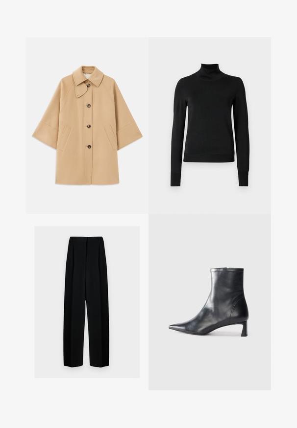 Bežový kabát z vlnenej zmesi s klasickým golierom, predným zapínaním na gombíky a bočnými vreckami; má raglánové rukávy a čistý, štruktúrovaný dizajn.; Čierny dlhý rukáv rolák s rebrovanými manžetami a lemom, zobrazený na čistej bielej pozadí.; Čierne široké nohavice s vysokým pásom, so skladmi a hladkou textúrou. Tkanina vyzerá ľahko a elegantne sa drapuje.; Čierne kožené členkové topánky s špicatou špičkou a elegantným dizajnom. Majú nízky podpätok a zips na zadnej strane. Hladká textúra.