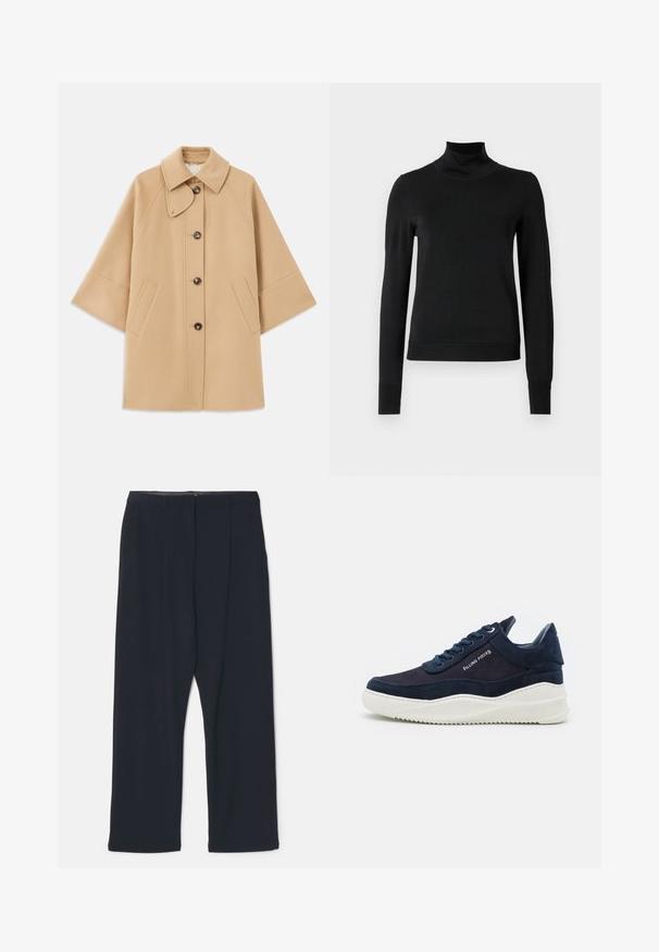 Beżowy płaszcz z wełny z klasycznym kołnierzem, z przodu zapinany na guziki, z kieszeniami po bokach; posiada rękawy raglanowe oraz prosty, uporządkowany fason.; Czarny sweter z długim rękawem i stojącym kołnierzem, z prążkowanymi mankietami i dołem, zaprezentowany na białym tle.; Czarne plisy z prostym krojem. Wykonane z gładkiego materiału, z płaskim pasem i bocznymi kieszeniami. Minimalistyczny design, bez wzorów.; Ciemnogranatowe zamszowe sneakersy z białymi gumowymi podeszwami, okrągłym noskiem i sznurowanym zapięciem. Posiadają detal z logo z boku oraz teksturowe akcenty.
