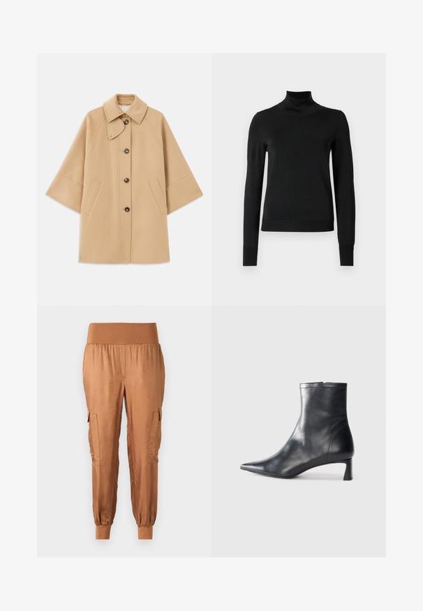 Palton din lână bej, cu un guler clasic, închidere frontală cu nasturi și buzunare laterale; are mâneci raglan și un design curat, structurat.; Pulover negru cu mânecă lungă și guler tip colier, cu manșete și tiv cu elastic, expus pe un fundal alb simplu.; Pantaloni cargo din satin maro, cu talie elastică, buzunare laterale și tivuri înguste. Textură netedă și material ușor.; Cizmă de gleznă din piele neagră cu vârf ascuțit și un design elegant. Dispune de un toc mic și de o închidere cu fermoar la spate. Textură netedă.