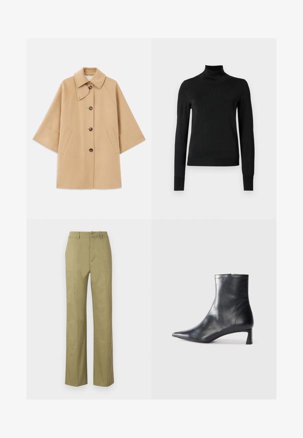 Beige wool blend coat with a classic collar, front button closure, and side pockets; features raglan sleeves and a clean, structured design.; Black long-sleeve turtleneck sweater with ribbed cuffs and hem, displayed on a plain white background.; Khaki trousers made of cotton blend, featuring a straight leg design, visible seams, and pockets on the front sides.; Black leather ankle boot with a pointed toe and a sleek design. Features a low heel and a zipper closure at the back. Smooth texture.