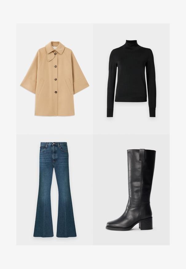 Beige Wollmischungsjacke mit klassischem Kragen, durchgehender Knopfleiste und Seitentaschen; verfügt über Raglanärmel und ein sauberes, strukturiertes Design.; Schwarzer Langarmrollkragenpullover mit gerippten Bündchen und Saum, auf einem schlichten weißen Hintergrund präsentiert.; Schlagjeans aus dunkelblauem Denim mit hoher Taille, Fünf-Taschen-Design und klassischer Nahtführung. Der Stoff hat eine glatte, strukturierte Optik.; Schwarze Lederstiefel bis zum Knie mit glatter Oberfläche, quadratischer Spitze, Blockabsatz und seitlichem Zugband, mit minimalistischen Nähdetails.