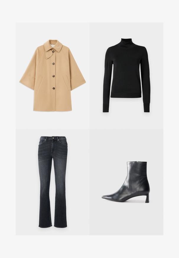 Abrigo de mezcla de lana color beige con un cuello clásico, cierre delantero de botones y bolsillos laterales; presenta mangas raglán y un diseño limpio y estructurado.; Suéter negro de manga larga con cuello de tortuga, con puños y dobladillo acanalados, exhibido sobre un fondo blanco liso.; Vaqueros de mezclilla oscuros de pierna acampanada que cuentan con un cierre de cremallera y un botón de metal, bolsillos frontales y un sutil desgaste para texturizar. Diseño clásico de cinco bolsillos.; Botín de cuero negro hasta el tobillo con punta afilada y un diseño elegante. Presenta un tacón bajo y un cierre con cremallera en la parte trasera. Textura suave.