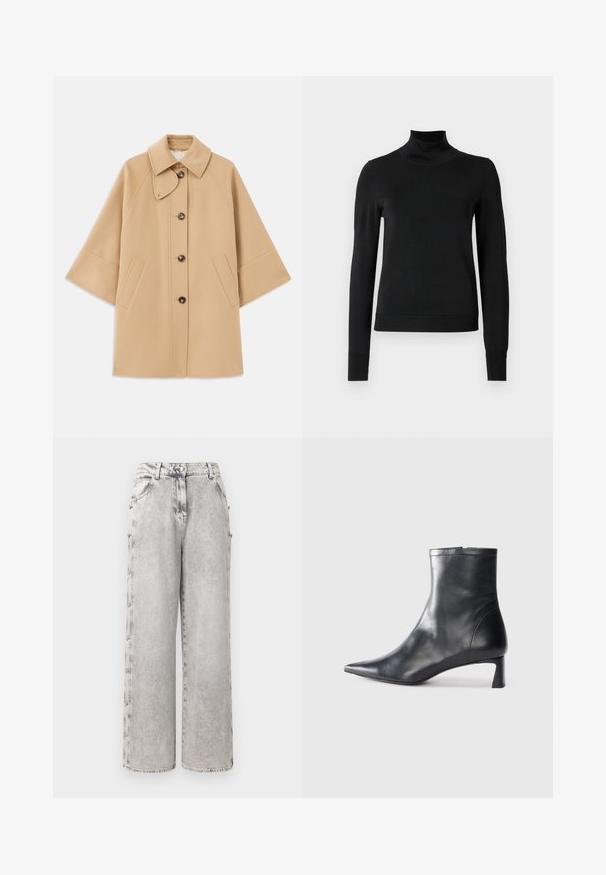 Beige villasekoituksesta valmistettu takki, jossa on klassinen kaulus, etupainikekiinnitys ja sivutaskut; sisältää raglan-hihat ja siistin, jämäkän muotoilun.; Musta pitkähihaisen pooloneuleen, jossa on ribbikuvioiset hihansuut ja helma, esitetty yksinkertaisella valkoisella taustalla.; Iro ANDREEA - Leveälahkeiset - mixed grey; Musta nahkainen nilkkabotti, jossa on teräväkärkinen muotoilu ja tyylikäs design. Varusteena matala korko ja takana vetoketjukiinnitys. Sileä pinta.