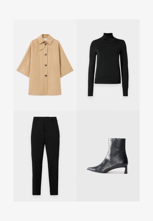 Beige Wollmischungsjacke mit klassischem Kragen, durchgehender Knopfleiste und Seitentaschen; verfügt über Raglanärmel und ein sauberes, strukturiertes Design.; Schwarzer Langarmrollkragenpullover mit gerippten Bündchen und Saum, auf einem schlichten weißen Hintergrund präsentiert.; Schwarze Hosen mit maßgeschneidertem Schnitt, die seitliche Taschen, eine glatte Textur und ein elegantes Design aufweisen, das sich zum Knöchel hin verjüngt.; Schwarze Lederstiefelette mit spitzer Zehe und schlankem Design. Verfügt über einen niedrigen Absatz und einen Reißverschluss hinten. Glatte Textur.