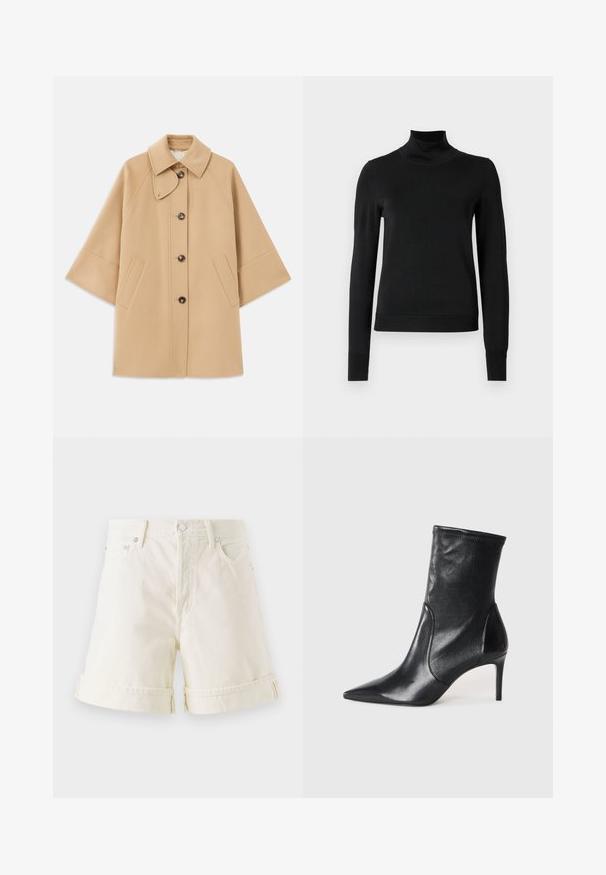 Beige kabát z vlněné směsi s klasickým límcem, zapínáním na knoflíky vpředu a bočními kapsami; má raglánové rukávy a čistý, strukturovaný design.; Černý dlouhý rukáv rolák se žebrovanými manžetami a lemem, vystavený na čistě bílém pozadí.; Světle krémové džíny šortky se střihovým provedením, ohrnutými manžetami a klasickým pětipocket designem. Obsahuje stříbrné kovové doplňky.; Černé kotníkové boty vyrobené z hladké kůže, s špičatou špičkou, těsným svrškem a tenkým vysokým podpatkem. Minimalistický design bez viditelné mechaniky.