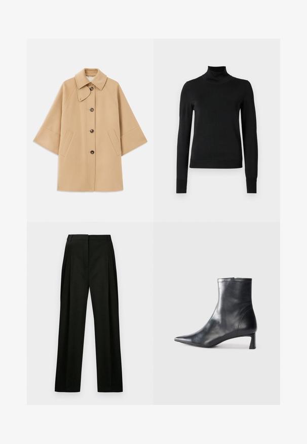 Beige Wollmischungsjacke mit klassischem Kragen, durchgehender Knopfleiste und Seitentaschen; verfügt über Raglanärmel und ein sauberes, strukturiertes Design.; Schwarzer Langarmrollkragenpullover mit gerippten Bündchen und Saum, auf einem schlichten weißen Hintergrund präsentiert.; Schwarze weit geschnittene Hose aus strukturiertem Stoff, mit vorderen Falten und einem schlichten, maßgeschneiderten Bund. Keine sichtbaren Taschen oder Verzierungen.; Schwarze Lederstiefelette mit spitzer Zehe und schlankem Design. Verfügt über einen niedrigen Absatz und einen Reißverschluss hinten. Glatte Textur.