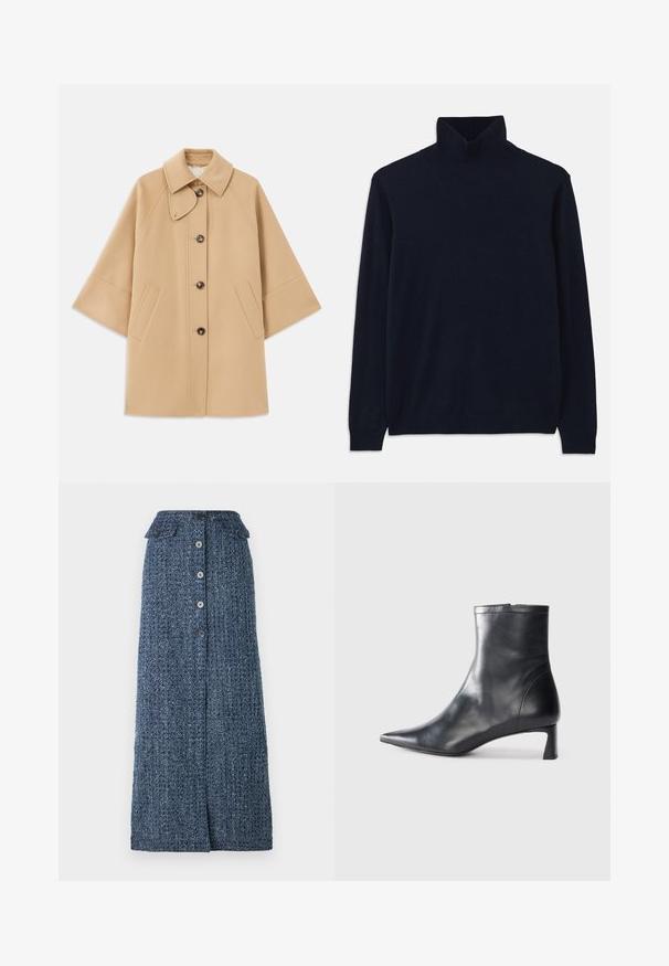 Bežs vilnas maisījuma mētelis ar klasisku apkakli, priekšējo pogu aizdares un sānu kabatām; satur raglanu piedurknes un tīru, strukturētu dizainu.; Navy ražas džemperis ar garām piedurknēm, izgatavots no mīkstas adīšanas auduma. Ar ribotām apkaklēm un aprocēm, ar vienkāršu dizainu un bez rakstiem.; Tumši zils džinsu garais svārks ar teksturētu apdari, ar pogu priekšā, divām kabatām ar atloku un nelielu priekšējo šķēlumu.; Melnas ādas potītes zābaki ar norādītu pirkstu un elegantu dizainu. Iezīmē zemu papēdi un rāvējslēdzēja aizdari aizmugurē. Gluda tekstūra.