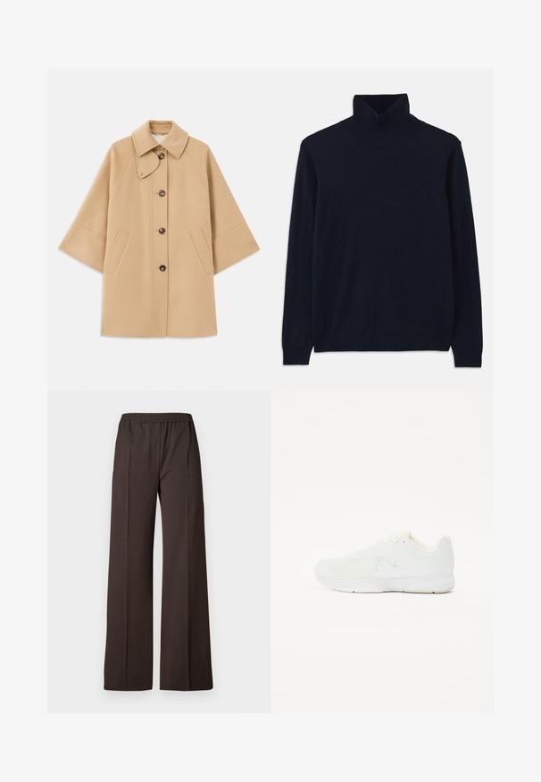 Palton din lână bej, cu un guler clasic, închidere frontală cu nasturi și buzunare laterale; are mâneci raglan și un design curat, structurat.; Pulover de culoare bleumarin, cu guler înalt și mâneci lungi, realizat dintr-un material tricotat moale. Prezintă un guler și manșete ribbate, cu un design simplu și fără modele.; Pantaloni largi dintr-o țesătură maro închis cu un tiv elastic, având o textură netedă și linii curate pentru un aspect elegant.; Pantof de sport alb, cu parte superioară din plasă, design cu șireturi, vârf rotund și talpă din cauciuc texturată, cu branding minim.