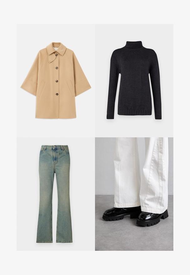 Beige uldblandingsfrakke med klassisk krave, frontknaplukning og sidelommer; har raglanærmer og et rent, struktureret design.; Mørkegrå turtleneck sweater lavet af et struktureret strikkemateriale, der har lange ærmer samt ribbede manchetter og kant.; Lysblå denim flare jeans med høj talje, fem lommer og lynlås. Ren, falmet finish med subtile syninger.; Sorte sko med kraftig sål og glansfuld finish, parret med hvide bukser med bred ben. Bemærkelsesværdig tykk sål og glat tekstur på skoene.