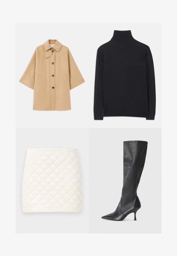 Beige wollen blend jas met een klassieke kraag, sluiting met knopen aan de voorkant en zijzakken; heeft raglanmouwen en een nette, gestructureerde uitstraling.; Zwarte coltrui gemaakt van zacht materiaal. Heeft lange mouwen, een hoge hals, en ribbelachtige boorden en onderkant voor een aansluitende look.; Gequiltte minirok van zacht witte stof, met een diamantpatroon en strakke lijnen, met een gladde textuur en zonder zichtbare sluitingen.; Kniehoge zwarte leren laarzen met een spitse neus en een slanke stilettohak. Glad textuur met een aansluitend ontwerp en stiksels aan de bovenrand.