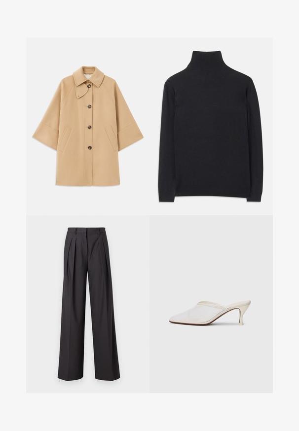 Šviesiai rudas vilnos mišinys paltas su klasikiniu apykakle, priekyje mygtukais užsegamas, ir šoninėmis kišenėmis; turi raglan tipo rankoves ir švarų, struktūrizuotą dizainą.; Juodas golfas, pagamintas iš minkštos medžiagos. Jis turi ilgomis rankovėmis, aukštu kaklu ir šonkauliniais rankogaliais bei apvadu, suteikiančiais prigludusį įvaizdį.; Platus kojų kelnės tamsiai pilkos spalvos audinyje, su priekine kloste, lygiu paviršiumi, vidutinio aukščio liemeniu ir diržo kilpomis.; Baltos tinklelio smailiakojės mules su plonu vidutinio aukščio kulnu ir užkulnio dizainu ant vientiso fono.