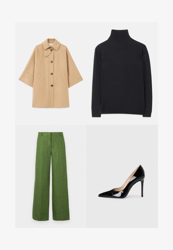 Bež kaput od vune s kombinacijom materijala, klasičnog ovratnika, prednjim zatvorenjem na dugmad i bočnim dzepovima; ima raglan rukave i čist, strukturiran dizajn.; Crna rolka izrađena od mekanog materijala. Ima duge rukave, visoki ovratnik te rebraste rukave i donji rub za prilagodljiv izgled.; WEEKEND MaxMara MALIZIA - Hlače - green; Crne lakirane kožne štikle s dizajnom ušiljenog nosa i elegantnom siluetom. Imaju glatku, sjajnu završnu obradu i vitak stiletto potplat.