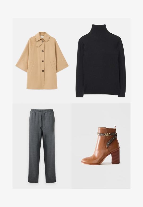 Beige gyapjú mix kabát klasszikus gallérral, elülső gombos záródással és oldalsó zsebekkel; raglán ujjaival és letisztult, strukturált dizájnjával rendelkezik.; Fekete garbó pulóver puha anyagból. Hosszú ujjakkal, magas nyakkal és bordázott mandzsettákkal, valamint aljjal rendelkezik, ami karcsú megjelenést kölcsönöz.; Sötétszürke nadrág texturált anyagból, elasztikus derékkal és állítható zsinórral. Egyenes szárú fazon zsebek nélkül.; barna bőr boka csizma, stílusos tömbsarkal, oldalszíj arany szegecsekkel és arany "MK" logós csattal.