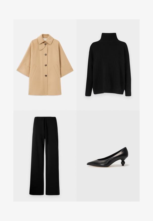 Beež villasegu jakk klassikalise kraega, ees nuppude sulgemise ja küljetaskutega; omab raglan-varrukaid ja puhtalt, struktureeritud disaini.; Mustast riidest kudumiga kampsun, millel on kõrge soonikuga krae, allapoole langetatud õlad ja lõdvestunud lõige. Omadusena soonikuga mansetid ja alumine ääreosa, mis lisavad tekstuuri.; Laiad mustad püksid, mis on valmistatud pehmest kangast, kummipaelaga vira, sileda tekstuuriga ning ilma nähtavate taskute või mustriteta.; Must musta kõrge kontsaga king, millel on terav nina ja ümar, pallikujuline konts. Sile pind ja elegantne, minimalistlik disain.