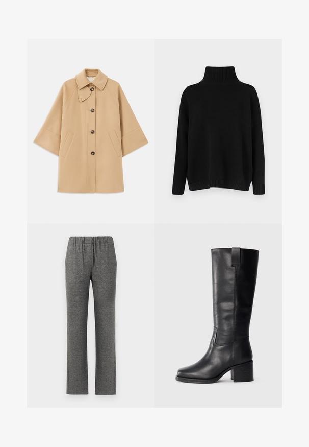Beige wollen blend jas met een klassieke kraag, sluiting met knopen aan de voorkant en zijzakken; heeft raglanmouwen en een nette, gestructureerde uitstraling.; Zwarte gebreide trui met een hoge, geribbelde kraag, verlaagde schouders en een ontspannen pasvorm. Voorzien van geribbelde manchetten en zoom voor textuur.; Grijze, gestructureerde broek met elastische tailleband en recht gesneden design. Bevat een subtiel patroon voor extra visuele interesse.; Zwarte leren kniehoge laarzen met een gladde textuur, vierkante neus, blokhak en zijhandvat, met minimale stikseldetails.